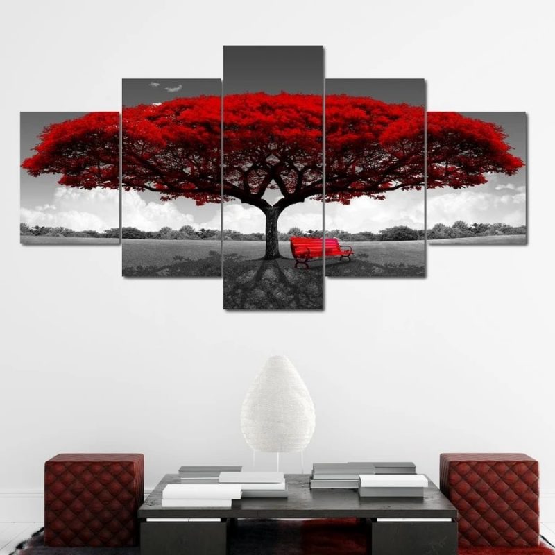 4222020-CVdraft16 Autumn Red Tree 5 pièces Peinture sur Toile Impression sur Toile Toile Art