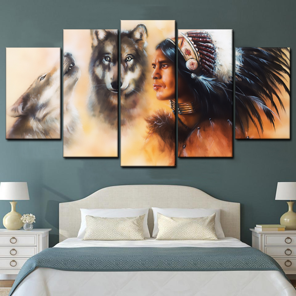 american indian and wolves army 5 pices peinture sur toile impression sur toile toile art pour la dcoration intrieureiiikk