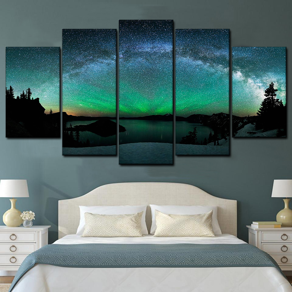 aurora borealis night sky with stars 5 pices peinture sur toile impression sur toile toile art pour la dcoration intrieureq0nec