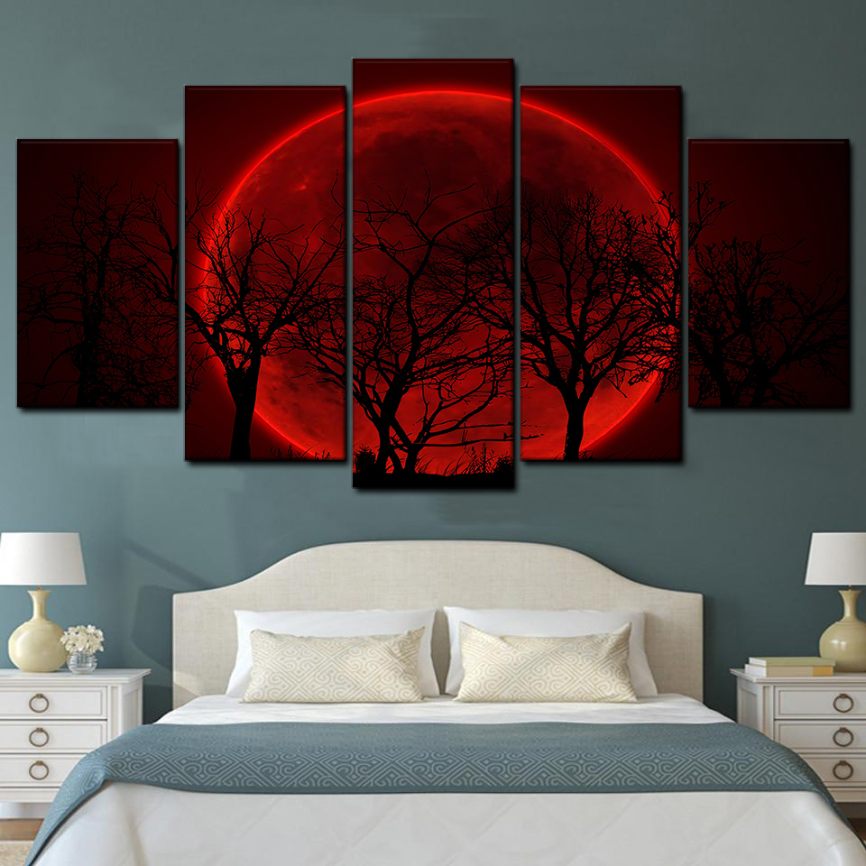 blood moon tree 5 pices peinture sur toile impression sur toile toile art pour la dcoration