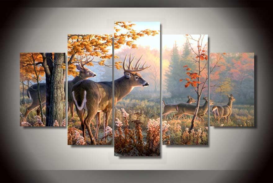cerf dans les chasseurs de fortdeer in forest hunters 5 pices peinture sur toile impression sur toile toile art pour la dcoration intrieurevpe8p