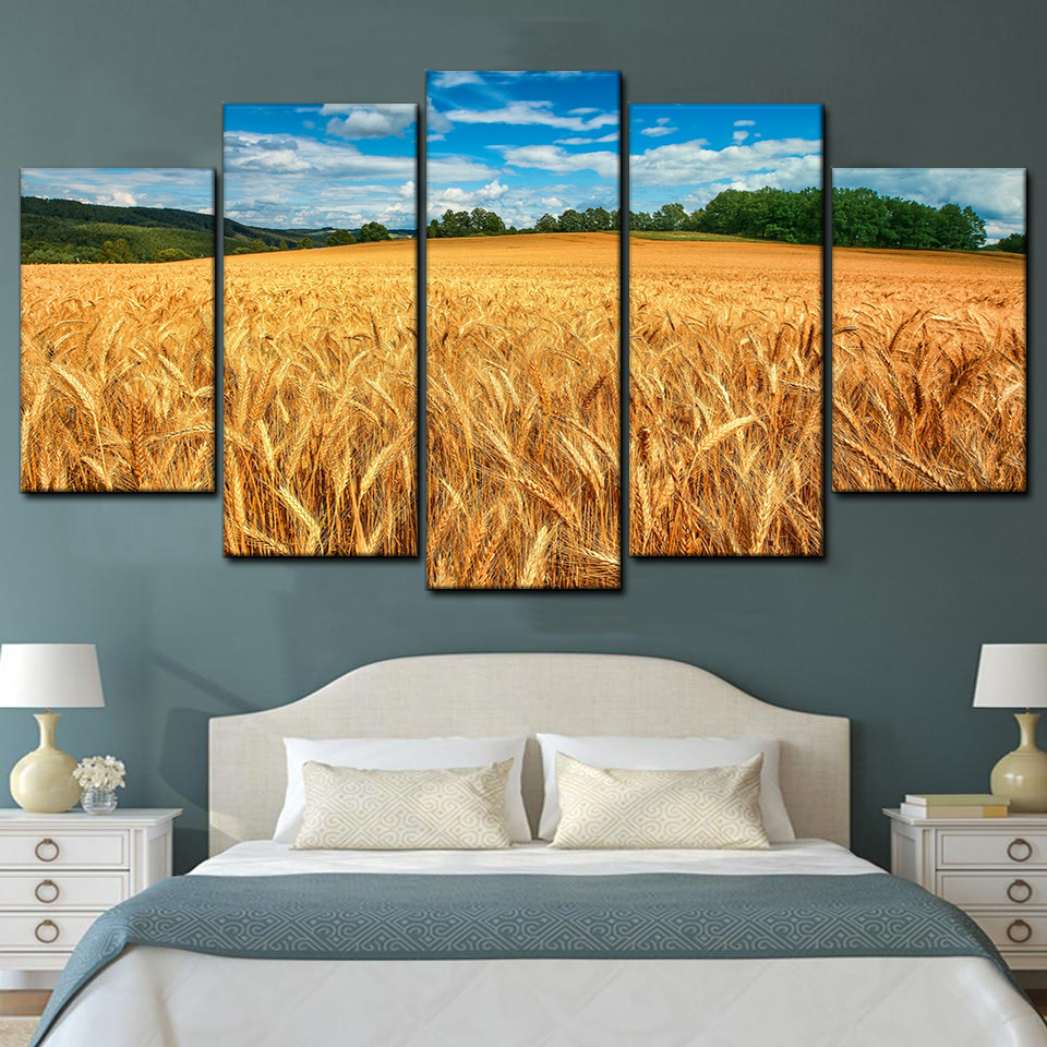 golden wheat field 5 5 pices peinture sur toile impression sur toile toile art pour la dcoration intrieureikepn