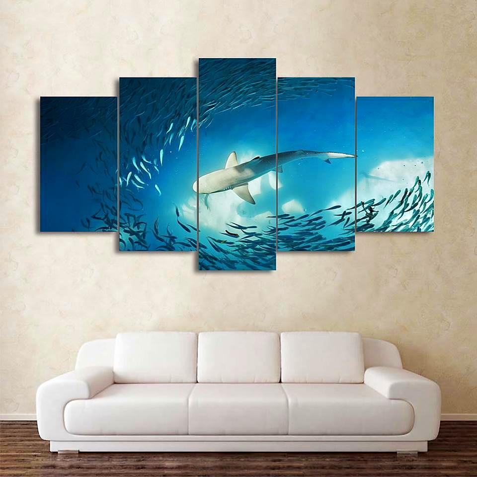 grappe de peinture de requin de poissons ocan bleu profondshark painting cluster of fish deep blue ocean 5 pices peinture sur toile impression sur toile toile art pour la dcoration intrieureieup6