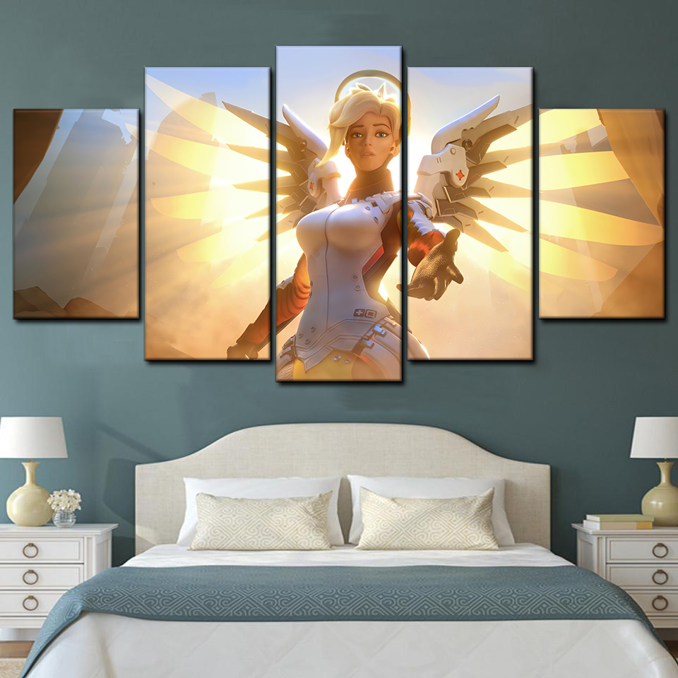 mercy overwatch 5 pices peinture sur toile impression sur toile toile art pour la dcoration intrieurefgt1t