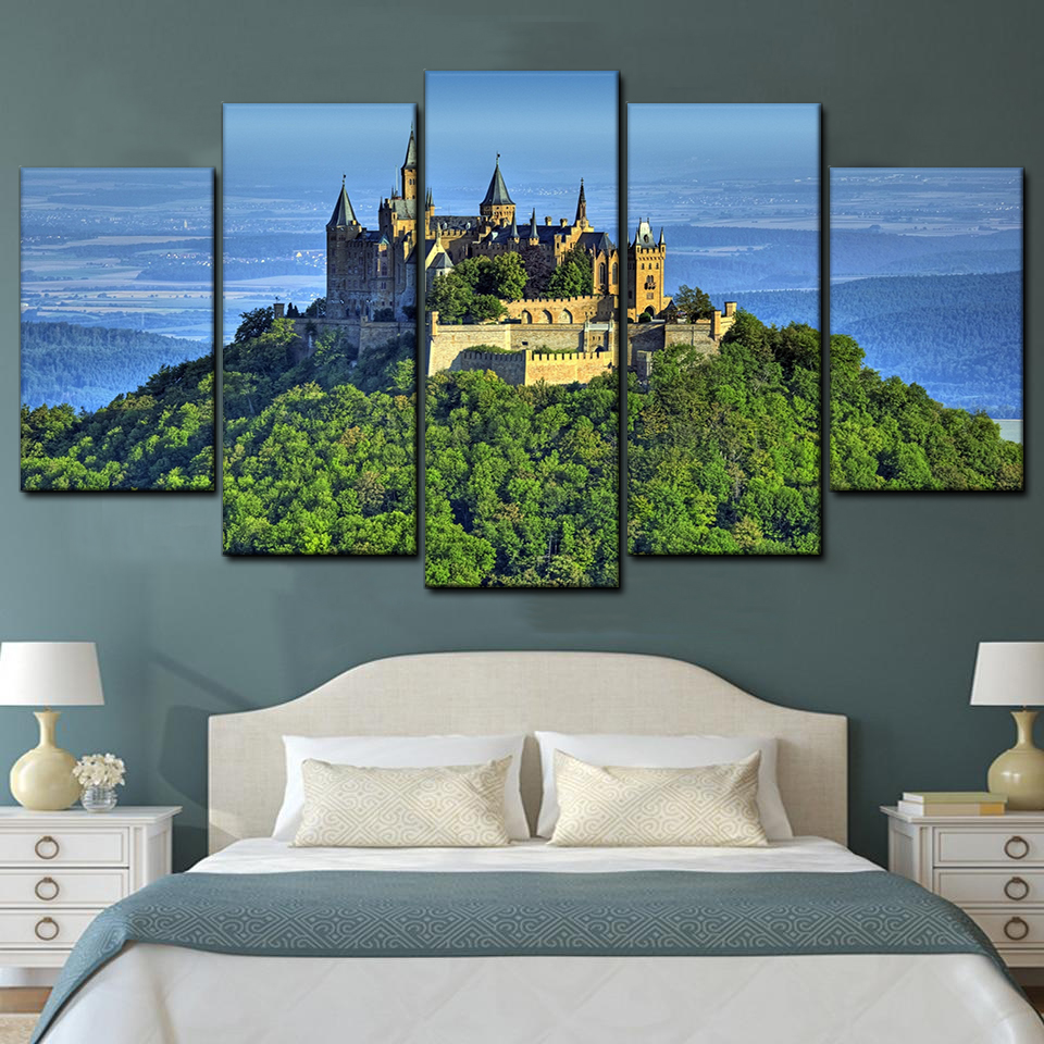 mountain top castle 5 pices peinture sur toile impression sur toile toile art pour la dcoration