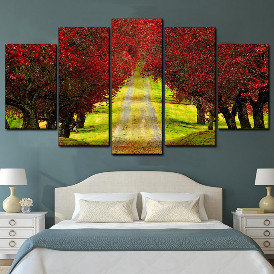 red foliage trees road 5 pices peinture sur toile impression sur toile toile art pour la dcoration intrieure75wjo