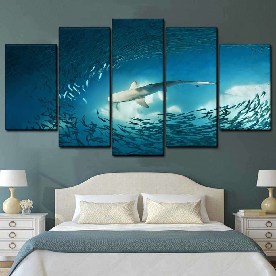 shark and small fishes in ocean 5 pices peinture sur toile impression sur toile toile art pour la dcoration intrieure3nsys