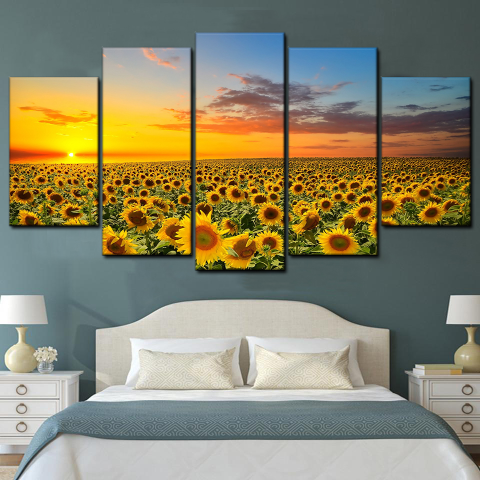 sunset over sunflowers field 5 pices peinture sur toile impression sur toile toile art pour la dcoration intrieure7knk3
