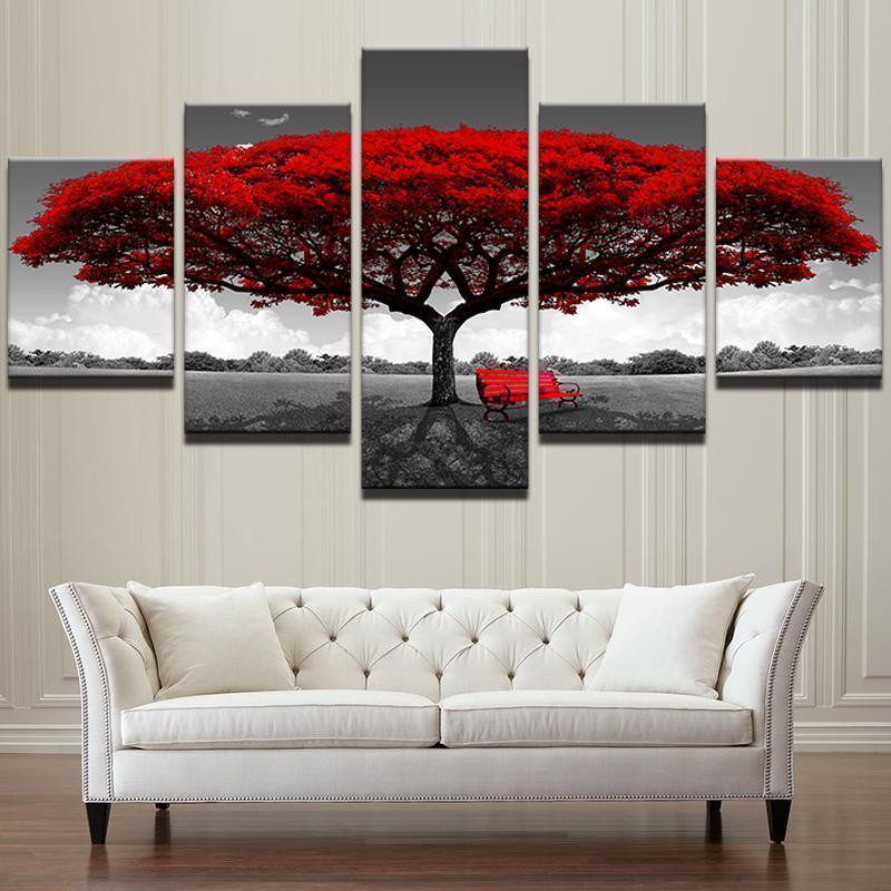 arbre rouge paysage paysage naturered tree scenery landscape nature 5 pices peinture sur toile impression sur toile toile