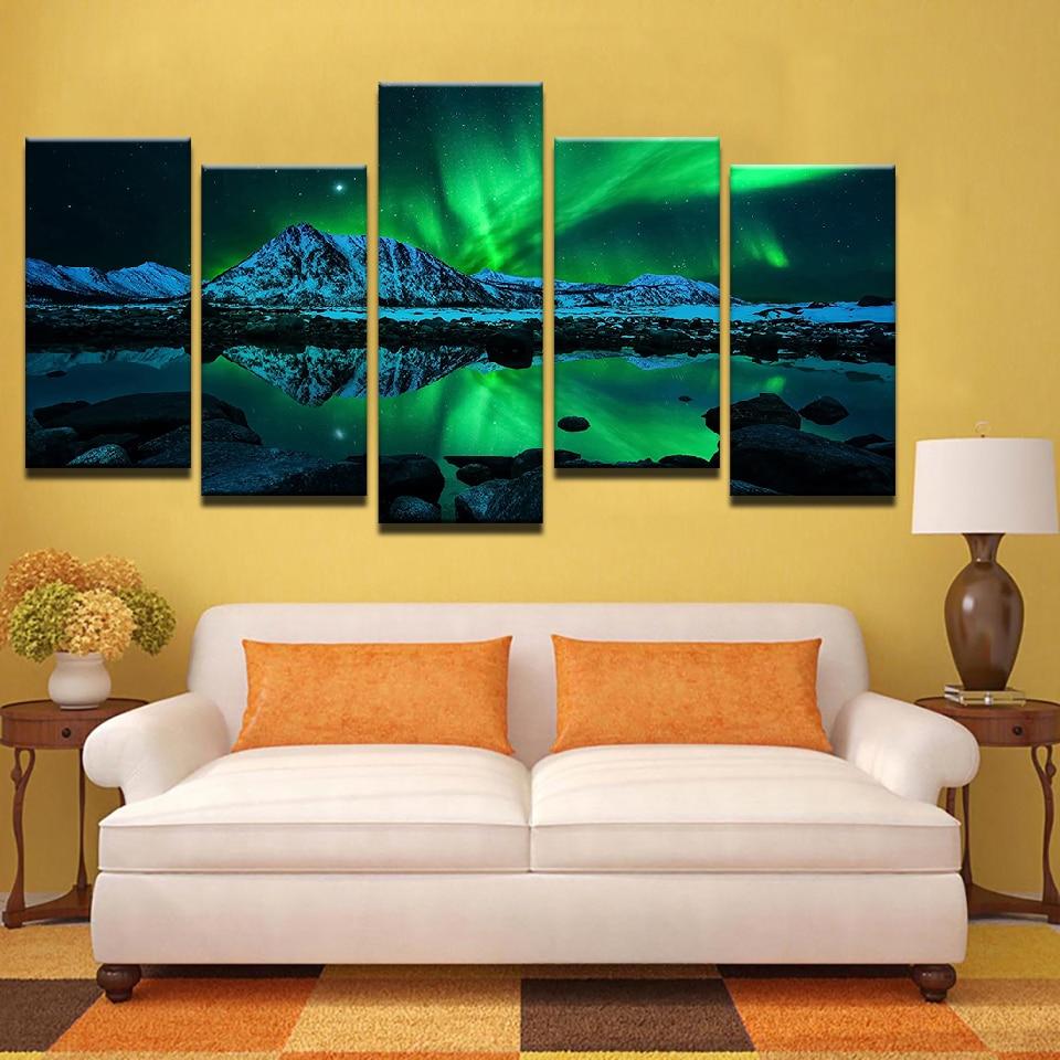 aurore borale verte sur la colline du lac nuitgreen aurora borealis lake hill night 5 pices peinture sur toile impression sur toile toile arthcefc