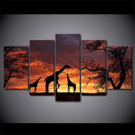 girafes au coucher du soleil girafesunset giraffes giraffe 5 pices peinture sur toile impression sur toile toile art pour la dcoration intrieurejlolr