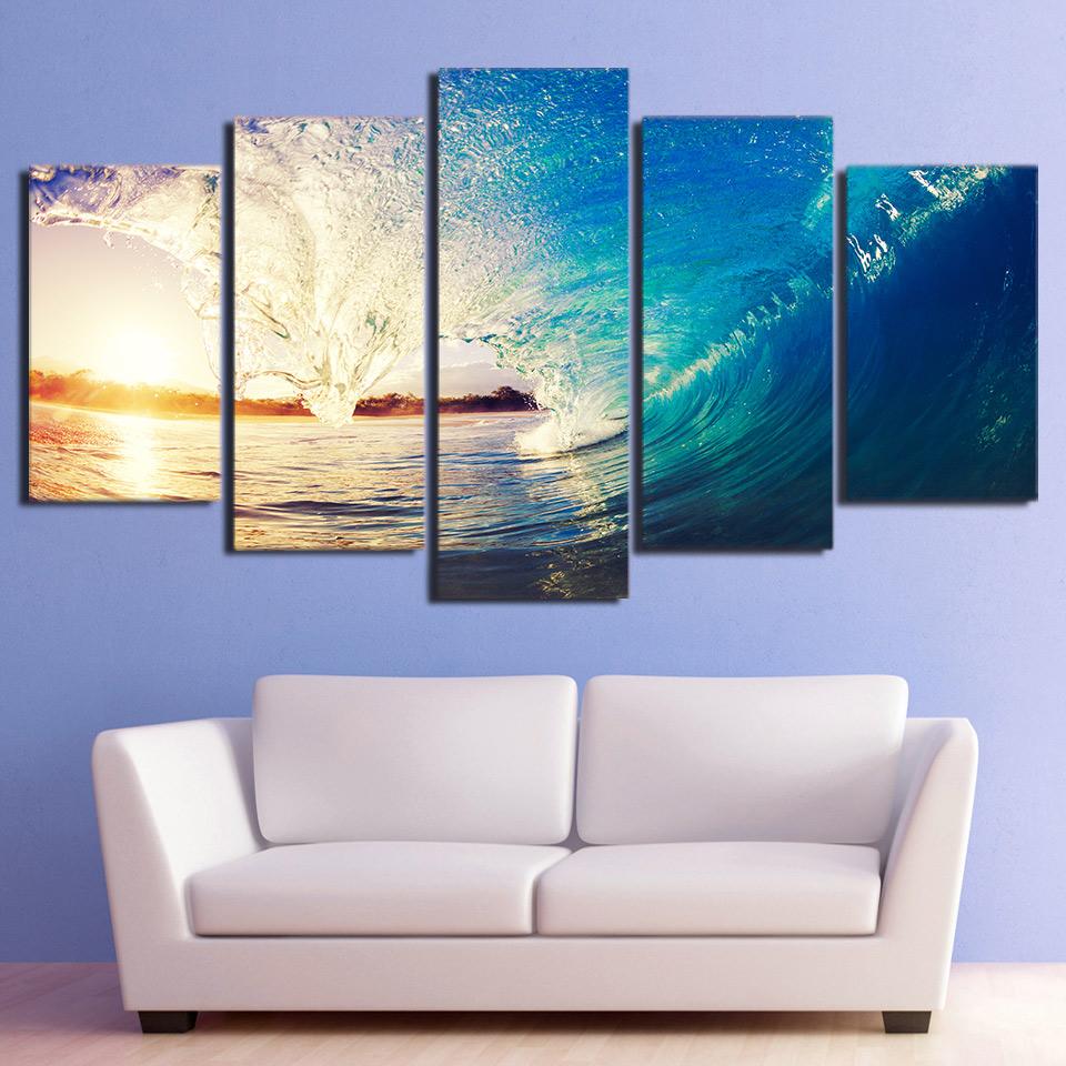 normes vagues au coucher du soleil sur la mer bleuehuge waves blue sea sunset 5 pices peinture sur toile impression sur toile toile artkuqf0