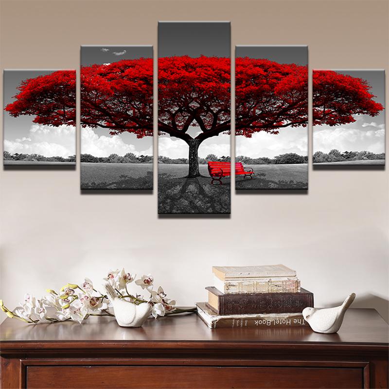 paysage de banc rouge arbre rouge 5 pices peinture sur toileosal1