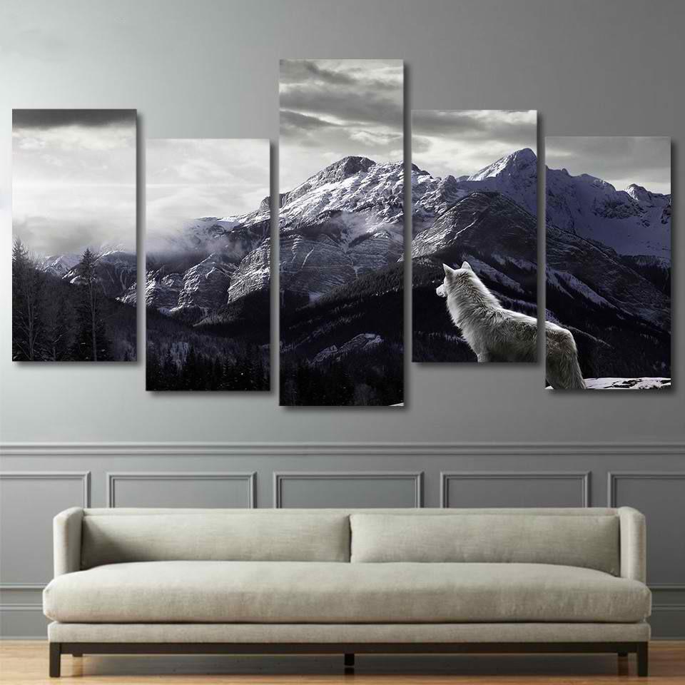 snow mountain plateau wolf nature 5 pices peinture sur toile impression sur toile toile art pour la dcoration