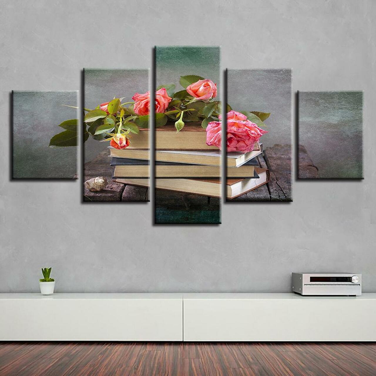 books and pink roses 5 pices peinture sur toile impression sur toile toile art pour la dcoration intrieureauvvs