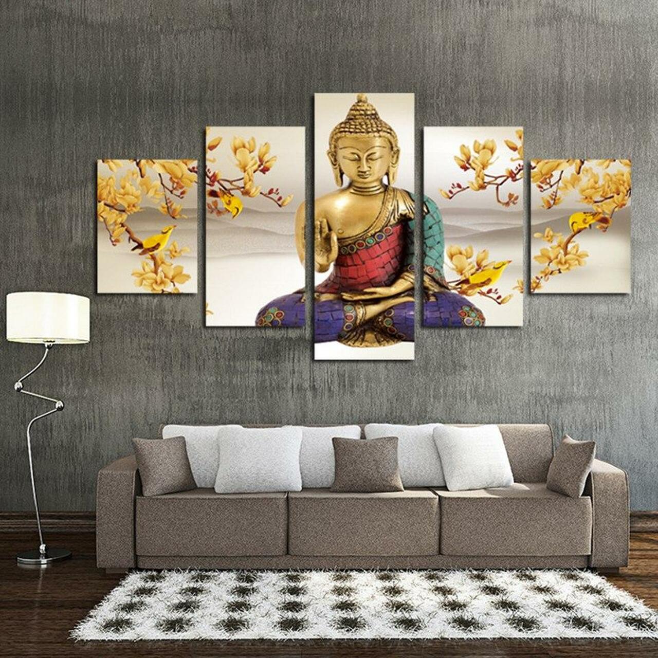 buddha and yellow bird 5 pices peinture sur toile impression sur toile toile art pour la dcoration intrieureyvlgf