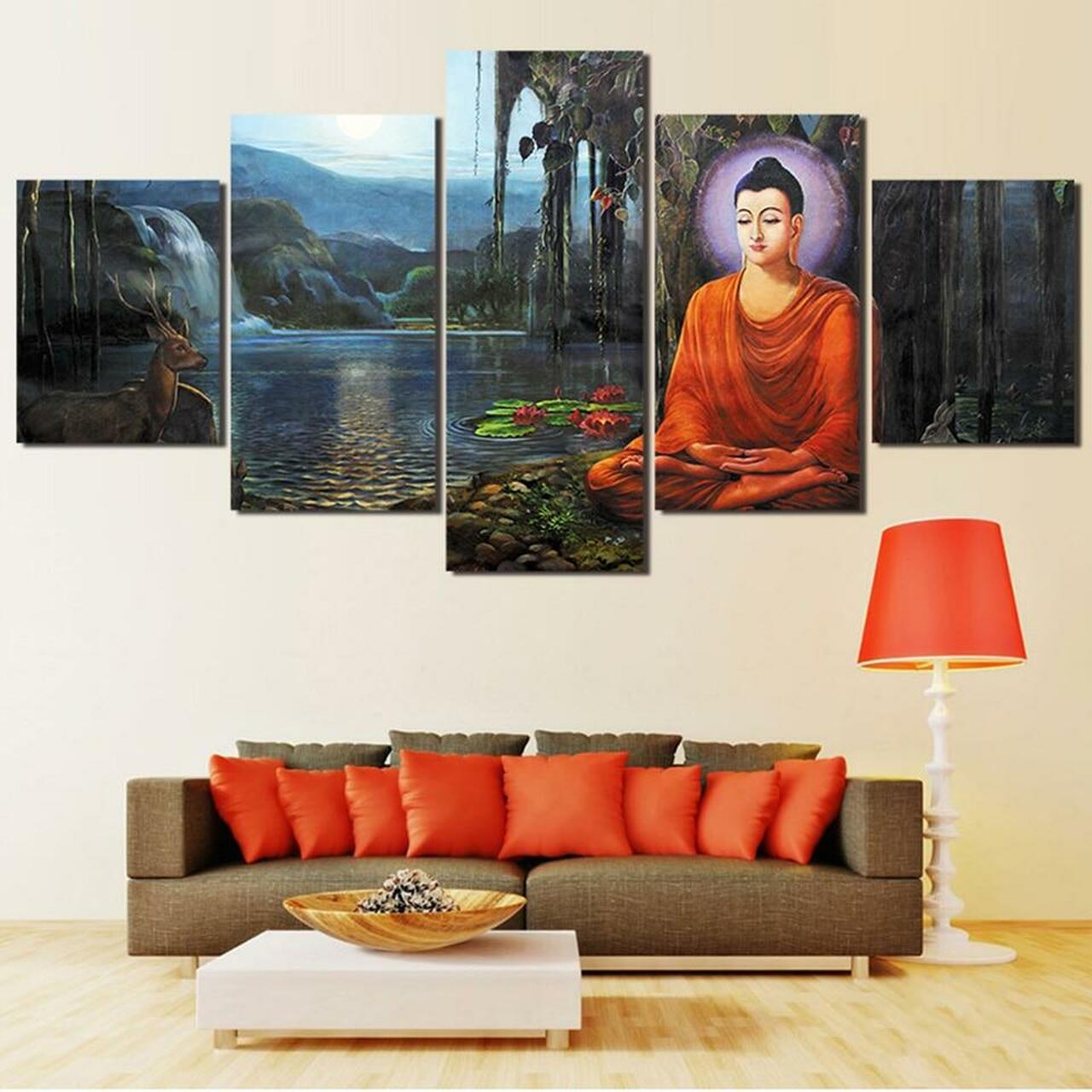 buddha near lake 5 pices peinture sur toile impression sur toile toile art pour la dcoration intrieurekzjkp