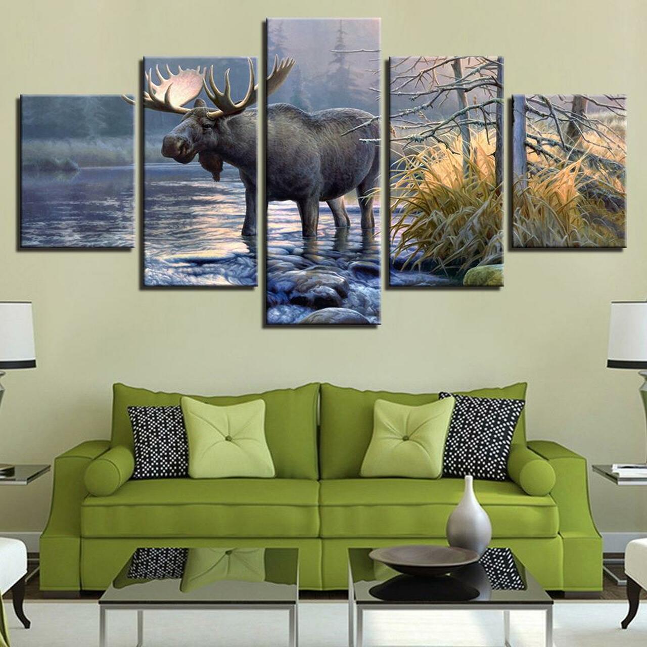 elk at lake 5 pices peinture sur toile impression sur toile toile art pour la dcoration intrieurehd5w0