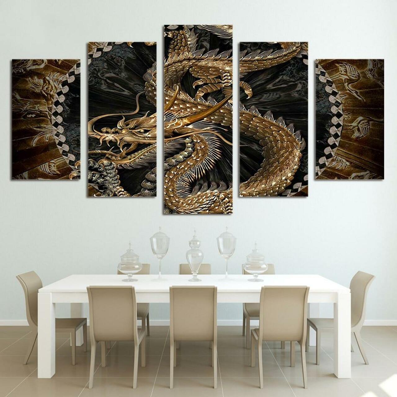 golden dragon 5 pices peinture sur toile impression sur toile toile art pour la dcoration intrieurejntbr