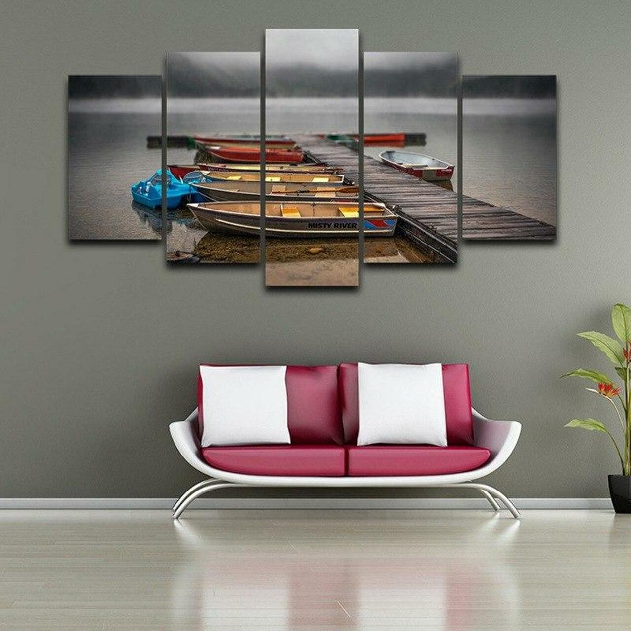 misty river boat 5 pices peinture sur toile impression sur toile toile art pour la dcoration intrieuremwwo6