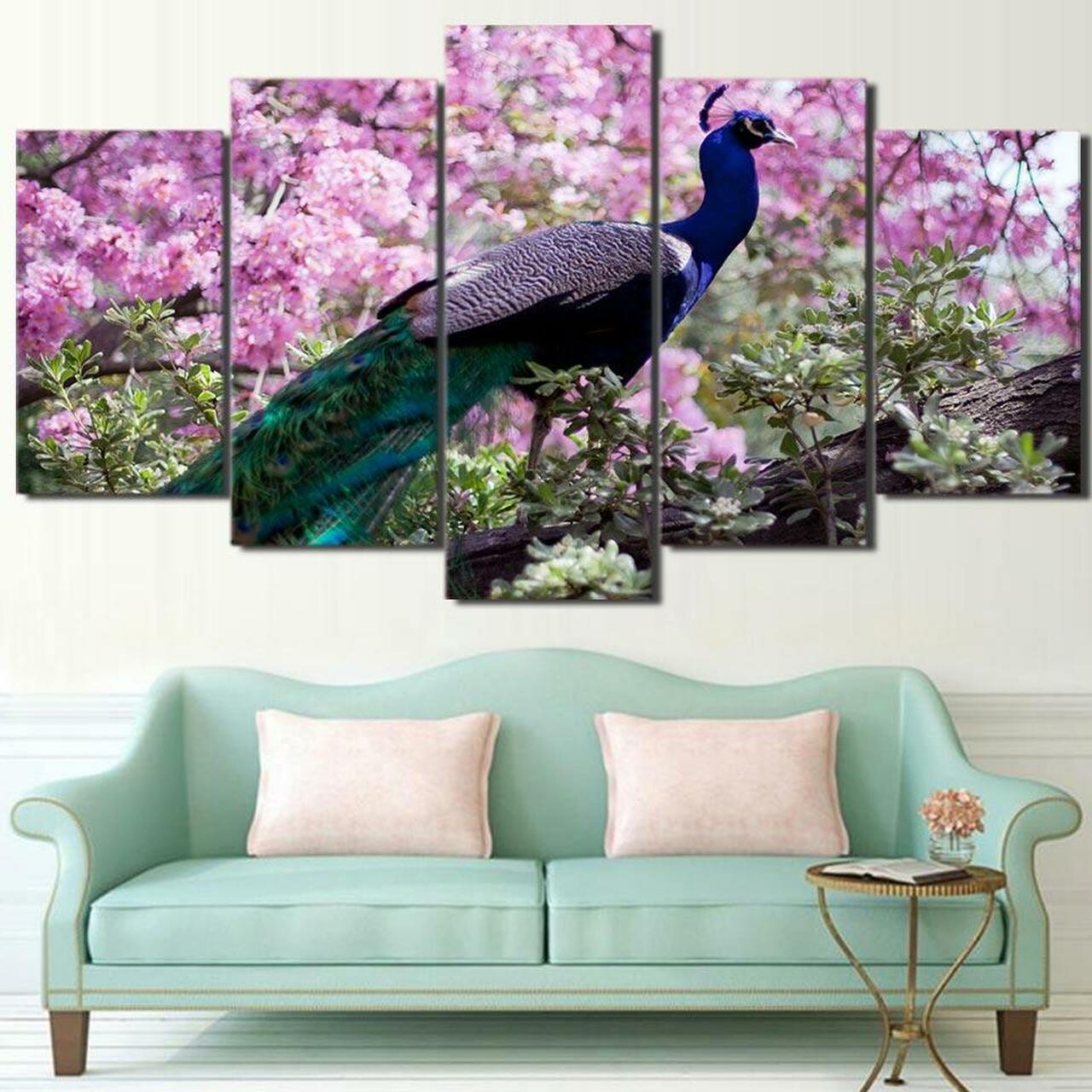 peacock among pink flowers 5 pices peinture sur toile impression sur toile toile art pour la dcoration intrieure1prjw