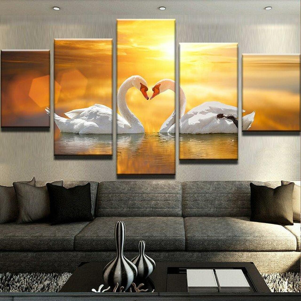 sunrise swans 5 pices peinture sur toile impression sur toile toile art pour la dcoration intrieurei4fht