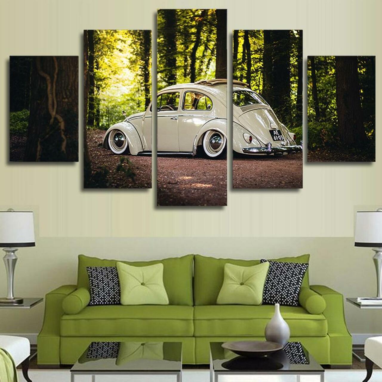 vintage beetle car in woods 5 pices peinture sur toile impression sur toile toile art pour la dcoration intrieureeo3ue