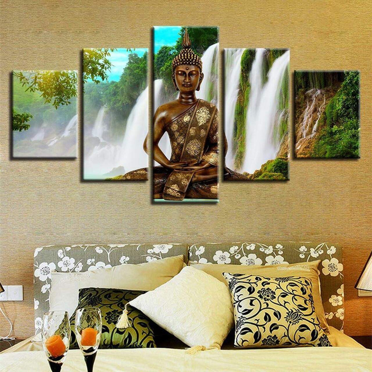 waterfall buddha 5 pices peinture sur toile impression sur toile toile art pour la dcoration intrieureimdfm