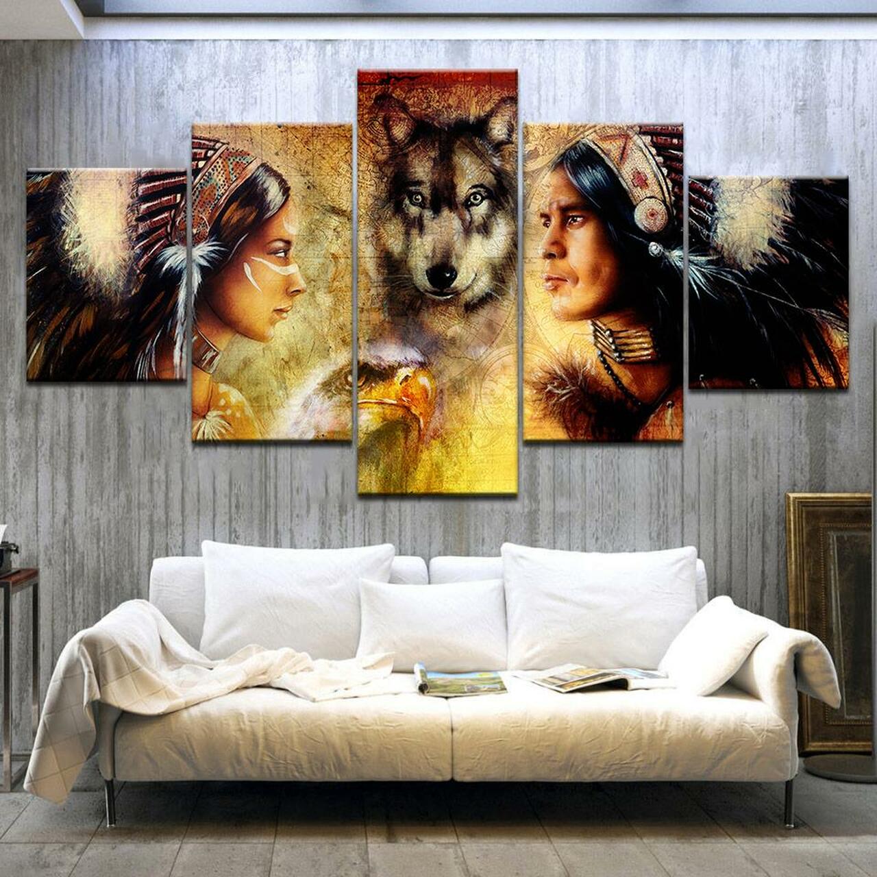 wolf and the indian 5 pices peinture sur toile impression sur toile toile art pour la dcoration intrieuredg8it