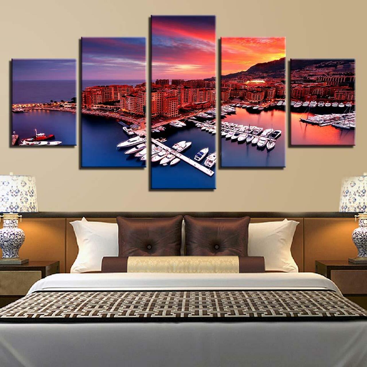 yachts on harbor 5 pices peinture sur toile impression sur toile toile art pour la dcoration intrieuret8qvk