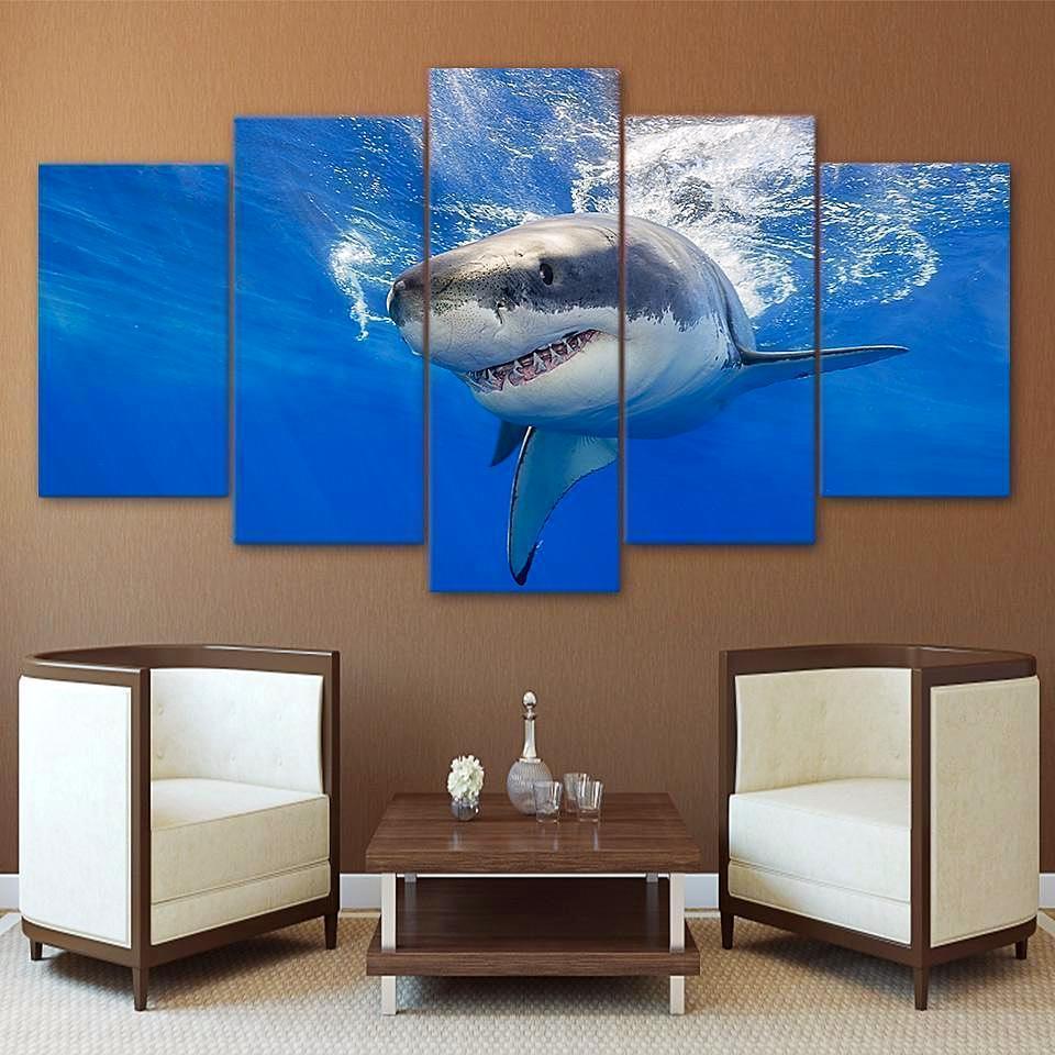 tableau big white shark animal 5 pices impression sur toile peinture art pour la dcoration intrieureejegg