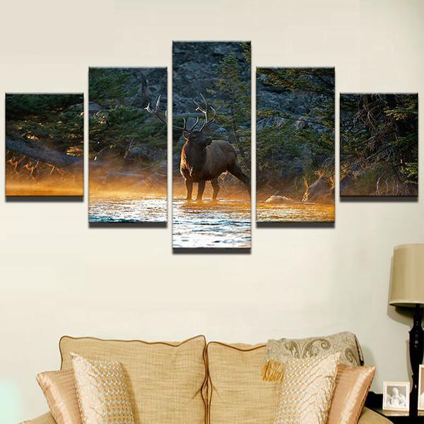 tableau deer in creek river landscape animal 5 pices impression sur toile peinture art pour la dcoration intrieurehqqpg