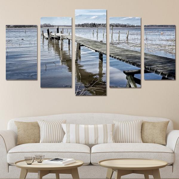 tableau lake with wooden dock nature 5 pices impression sur toile peinture art pour la dcoration intrieure33vrr