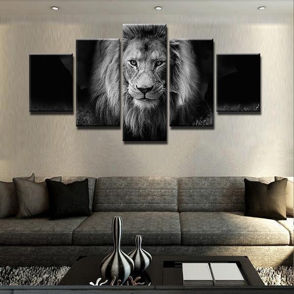 tableau lion black and white modern animal 5 pices impression sur toile peinture art pour la dcoration intrieurewonrr
