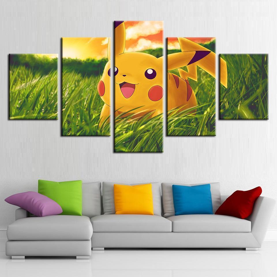 tableau pokemon pikachu on green grass anime 5 pices impression sur toile peinture art pour la dcoration intrieureqgcut