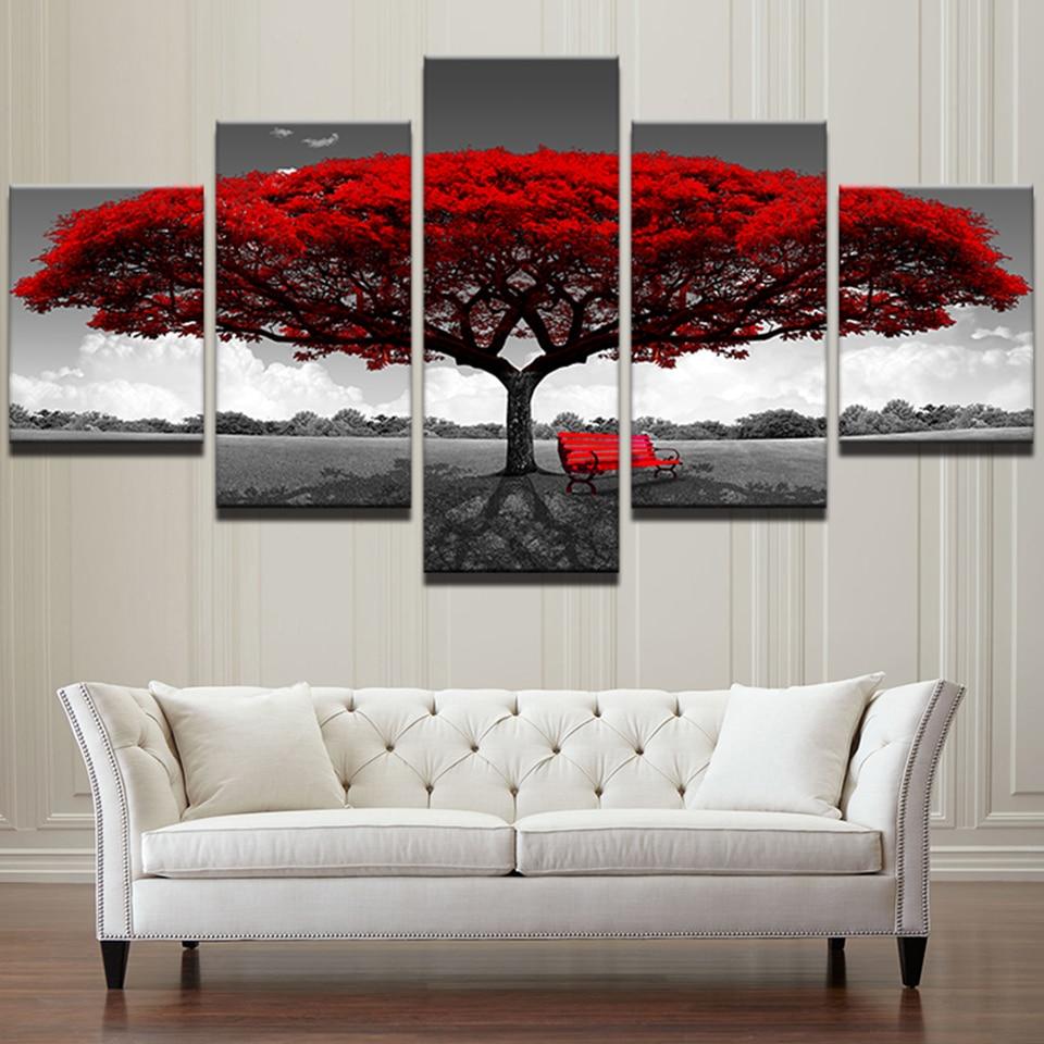 tableau red tree 10 nature 5 pices impression sur toile peinture art pour la dcoration