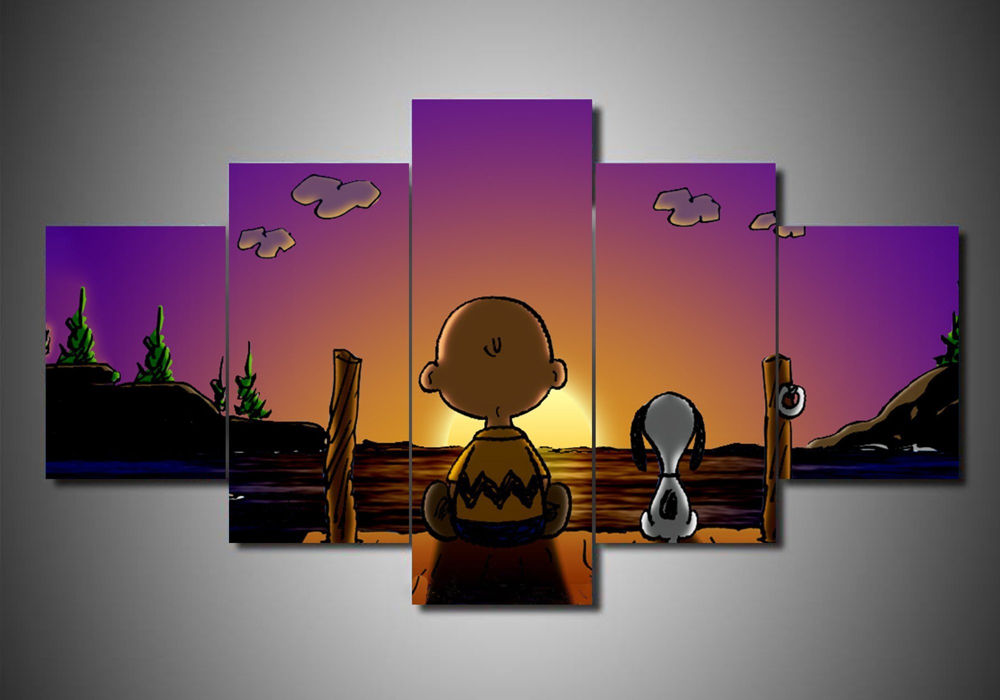 tableau snoopy the peanuts gang in christmas see the sunset cartoon 5 pices impression sur toile peinture art pour la dcoration