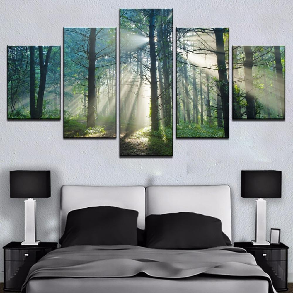 tableau sun green tree forest nature 5 pices impression sur toile peinture art pour la dcoration intrieure9caom
