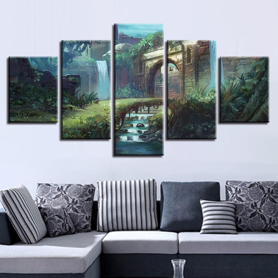 tableau waterfall tree grass nature 5 pices impression sur toile peinture art pour la dcoration intrieurewpzkg